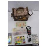 Camo Fishing Tackle Bag with Lures, Accessories, and Digital Scale