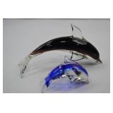Set of 2 Art Glass Dolphin Figurines - Black and Blue Accents