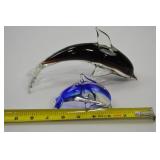 Set of 2 Art Glass Dolphin Figurines - Black and Blue Accents