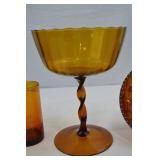 Vintage Amber Glass Assortment: Pitcher, Tumbler, Compote, Carnival Bowl