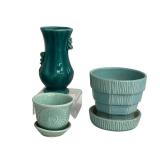 Collection of 5 Vintage Teal Pottery Planters and Vases including a Red Wing and McCoy