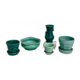 Collection of 5 Vintage Teal Pottery Planters and Vases including a Red Wing and McCoy