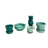 Collection of 5 Vintage Teal Pottery Planters and Vases including a Red Wing and McCoy