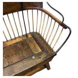 Antique Wooden Buggy Bench with Metal Spindles and Carved Motif