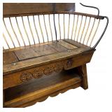 Antique Wooden Buggy Bench with Metal Spindles and Carved Motif