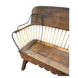 Antique Wooden Buggy Bench with Metal Spindles and Carved Motif