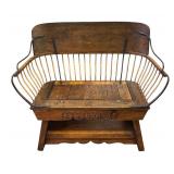 Antique Wooden Buggy Bench with Metal Spindles and Carved Motif