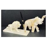 Marble Elephant Figurine and Lion Desk Pen Holder