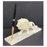 Marble Elephant Figurine and Lion Desk Pen Holder