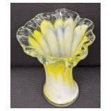 Art Glass Fluted Vase with Yellow and White Swirl