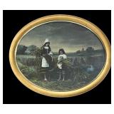 Tinted Oval Framed Print of Two Girls in Field
