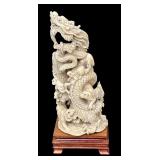 Carved Asian Dragon Figurine on Wood Base