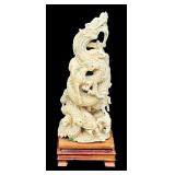 Carved Asian Dragon Figurine on Wood Base