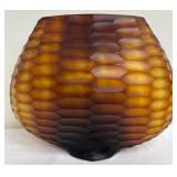 Large Oval Shaped Amber Glass Vase with Contemporary Honeycomb Design - Circa 1990