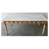 Ornate Vintage Rectangular Marble Top Table with Gilded Carved Wood Base