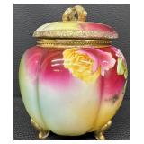 Antique Hand Painted Nippon Squash Shaped Biscuit Jar with Floral Design