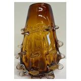 Amber Art Glass Vase with Clear Puffer Fish Scales Stretched/Pinched Vase