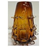 Amber Art Glass Vase with Clear Puffer Fish Scales Stretched/Pinched Vase