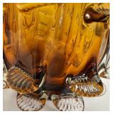 Amber Art Glass Vase with Clear Puffer Fish Scales Stretched/Pinched Vase