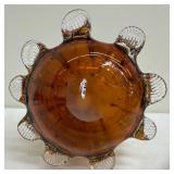 Amber Art Glass Vase with Clear Puffer Fish Scales Stretched/Pinched Vase