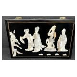 Black Lacquered Vintage Jewelry Box with Mother of Pearl Inlay and Velvet Lining