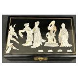 Black Lacquered Vintage Jewelry Box with Mother of Pearl Inlay and Velvet Lining