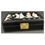 Black Lacquered Vintage Jewelry Box with Mother of Pearl Inlay and Velvet Lining