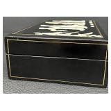 Black Lacquered Vintage Jewelry Box with Mother of Pearl Inlay and Velvet Lining