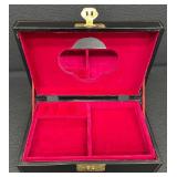 Black Lacquered Vintage Jewelry Box with Mother of Pearl Inlay and Velvet Lining