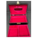 Black Lacquered Vintage Jewelry Box with Mother of Pearl Inlay and Velvet Lining