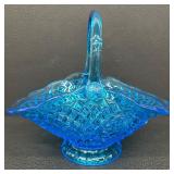 Vintage Indiana Glass Horizon Blue Canterbury Diamond Cut Fruit Basket