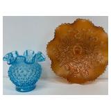 Fenton Blue Hobnail Vase and Iridescent Good Luck Carnival Glass Bowl Set