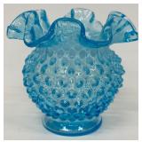 Fenton Blue Hobnail Vase and Iridescent Good Luck Carnival Glass Bowl Set