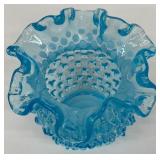 Fenton Blue Hobnail Vase and Iridescent Good Luck Carnival Glass Bowl Set