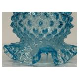 Fenton Blue Hobnail Vase and Iridescent Good Luck Carnival Glass Bowl Set