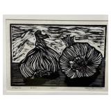 Framed Linocut Print by Mary Barrett - Garlic - 1997 Signed 4/100