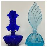 Set of 2 Vintage Art Deco Style Blue Glass Perfume Bottles