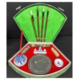 Pair of Chinese Calligraphy Brush and Ink Sets in Decorative Cases