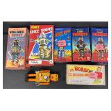 Set of 7 Vintage Style Wind-Up Tin Robots with Boxes - For Parts or Repair
