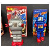 Set of 7 Vintage Style Wind-Up Tin Robots with Boxes - For Parts or Repair