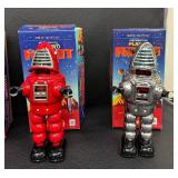 Set of 7 Vintage Style Wind-Up Tin Robots with Boxes - For Parts or Repair