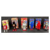 Set of 7 Vintage Style Wind-Up Tin Robots with Boxes - For Parts or Repair