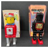 Set of 7 Vintage Style Wind-Up Tin Robots with Boxes - For Parts or Repair