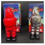 Set of 7 Vintage Style Wind-Up Tin Robots with Boxes - For Parts or Repair