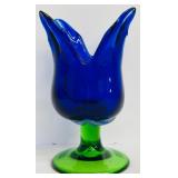 Blue and Green Art Glass Vase with Ruffled Edge