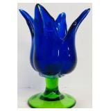 Blue and Green Art Glass Vase with Ruffled Edge