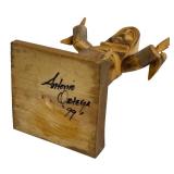 Antonio Ortega 1999 Carved Wooden Figure of Man with Birds, 13 Inches Tall