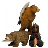 Set of 3 Wooden Bear Fishing Figurines Including TJ Carver and JDC, 8 Inches High