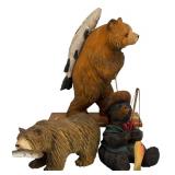 Set of 3 Wooden Bear Fishing Figurines Including TJ Carver and JDC, 8 Inches High