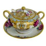 Vintage Nippon Hand-Painted Sugar Bowl with Lid, Saucer and Spoon